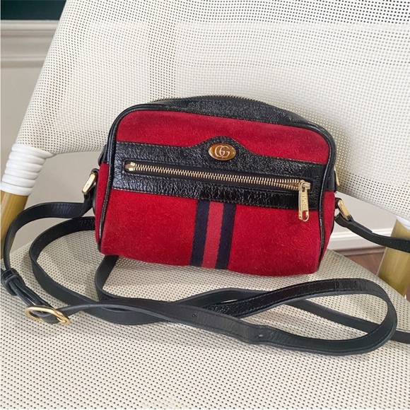 Gucci Handbags - GUCCI Ophidia Red Suede Mini Shoulder Crossbody bag